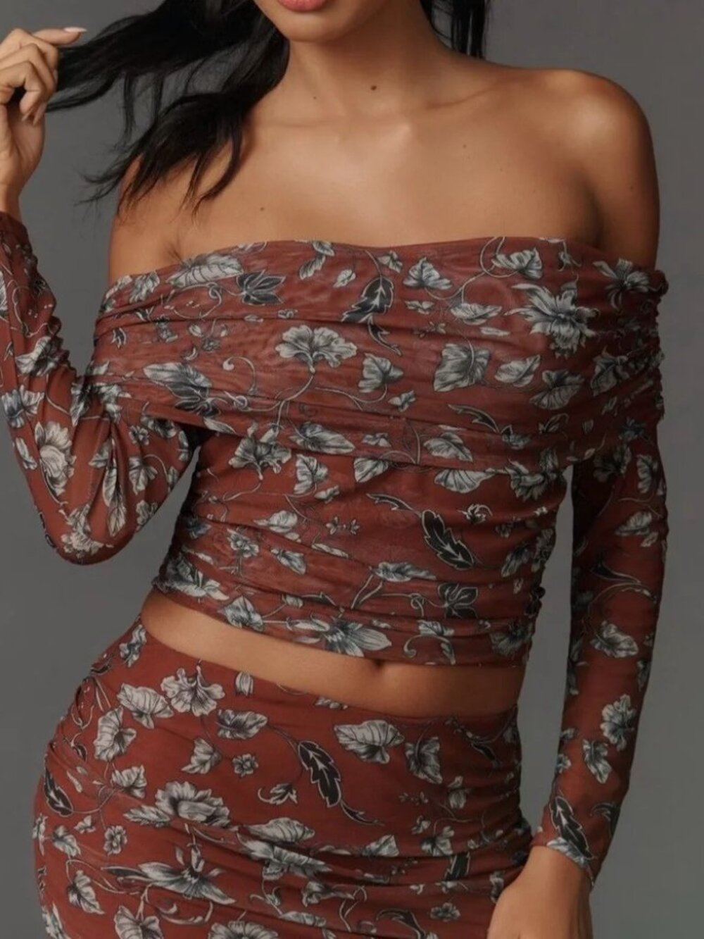 Anthropologie Maeve Brown Floral Off the Shoulder Blouse l - Picture 9 of 9